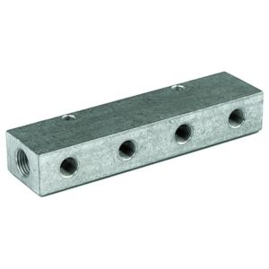 Aluminiowy rozdzielacz gwintowany, 2 wejścia G 1/2", do 6 wyjść po  jednej stronie G 1/4", Riegler