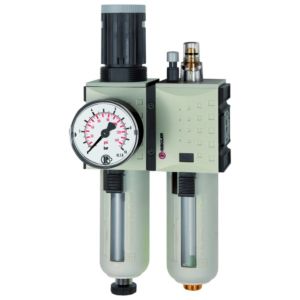 2-częściowy blok przygotowania powietrza "Futura", zakres regulacji 0.5 - 8 bar, G 1/4" - G 1", półautomatyczny spust kondensatu, Riegler